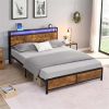 Industrial Queen Bed Frame with LED Lights and 2 USB Ports, Bed Frame Queen Size with Storage, Noise Free, No Box Spring Needed, Rustic Brown - as pic