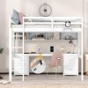 Full Size Loft Bed with Desk, Cabinets, Drawers and Bedside Tray, Charging Station, White - as picture