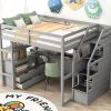 Full Size Loft Bed with Desk and Shelves, Two Built-in Drawers, Storage Staircase, Gray - as picture