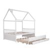 Full size Wooden House Bed with Trundle and 3 Storage Drawers-White - as picture