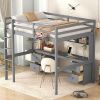 Full Size Loft Bed with Desk, Cabinets, Drawers and Bedside Tray, Charging Station, Gray - as picture