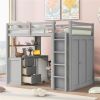 Full size Loft Bed with Drawers,Desk,and Wardrobe-Gray - as picture