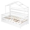 Wooden Twin Size House Bed with Trundle,Kids Bed with Shelf, White - as picture