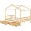 Full Size House Platform Bed with Two Drawers,Headboard and Footboard,Roof Design,Natural - as picture