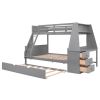 Twin over Full Bunk Bed with Trundle and Built-in Desk, Three Storage Drawers and Shelf,Gray - as picture