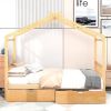 Full Size House Platform Bed with Two Drawers,Headboard and Footboard,Roof Design,Natural - as picture