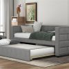 Twin Size Daybed with Trundle, Upholstered Daybed with Padded Back, Gray - as picture