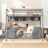 Full Size Loft Bed with Desk, Cabinets, Drawers and Bedside Tray, Charging Station, Gray - as picture