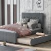 Linen Upholstered Platform Bed With Headboard and Trundle, Full - as picture