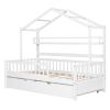 Wooden Twin Size House Bed with Trundle,Kids Bed with Shelf, White - as picture