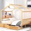 Full Size House Platform Bed with Two Drawers,Headboard and Footboard,Roof Design,Natural - as picture