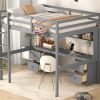 Full Size Loft Bed with Desk, Cabinets, Drawers and Bedside Tray, Charging Station, Gray - as picture