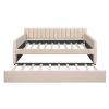 Full Size Upholstered daybed with Trundle and Wood Slat Support, Beige - as picture