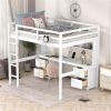 Full Size Loft Bed with Desk, Cabinets, Drawers and Bedside Tray, Charging Station, White - as picture