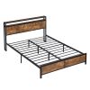 Industrial Queen Bed Frame with LED Lights and 2 USB Ports, Bed Frame Queen Size with Storage, Noise Free, No Box Spring Needed, Rustic Brown - as pic