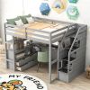 Full Size Loft Bed with Desk and Shelves, Two Built-in Drawers, Storage Staircase, Gray - as picture