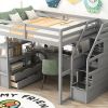 Full Size Loft Bed with Desk and Shelves, Two Built-in Drawers, Storage Staircase, Gray - as picture