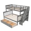 Stairway Twin-Over-Full Bunk Bed with Drawer, Storage and Guard Rail for Bedroom, Dorm, for Adults, Gray color - as picture