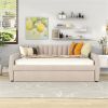 Full Size Upholstered daybed with Trundle and Wood Slat Support, Beige - as picture