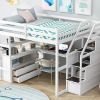 Full Size Loft Bed with Desk and Shelves, Two Built-in Drawers, Storage Staircase, White - as picture