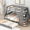 Twin over Full Bunk Bed with Trundle and Built-in Desk, Three Storage Drawers and Shelf,Gray - as picture