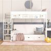 Wood Full Size Convertible Bunk Bed with Storage Staircase, Bedside Table, and 3 Drawers, White - as picture